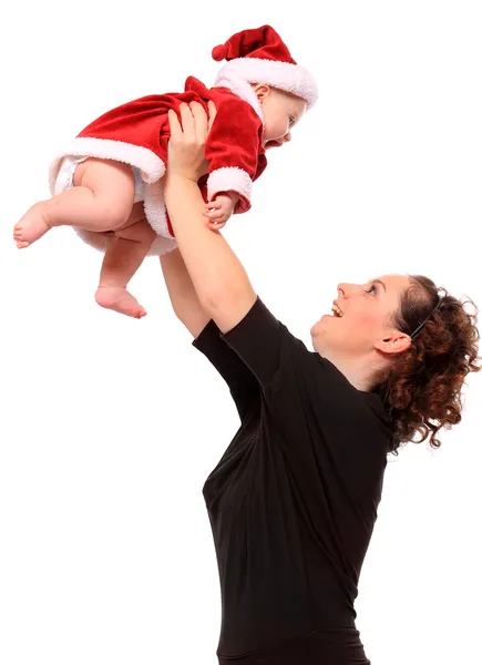 Glad ung mamma med söt baby klädd som santa — Stockfoto