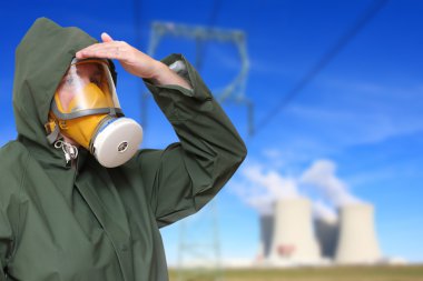 Woman wearing gas mask and protective suit. clipart