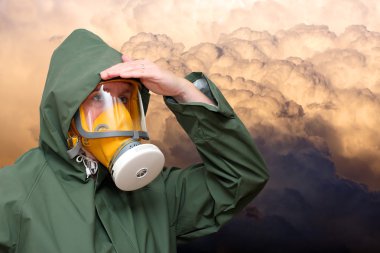 Woman wearing gas mask and protective suit. clipart