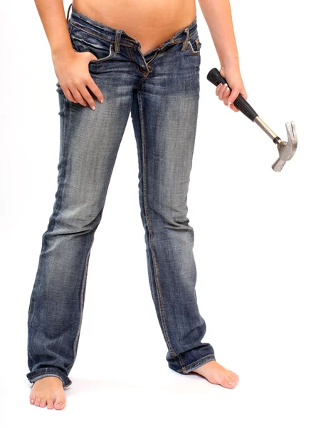 Sexy girl with hammer — Stock Photo, Image