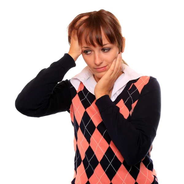 Frustrerad student tjej med huvudvärk på vit bakgrund. — Stockfoto