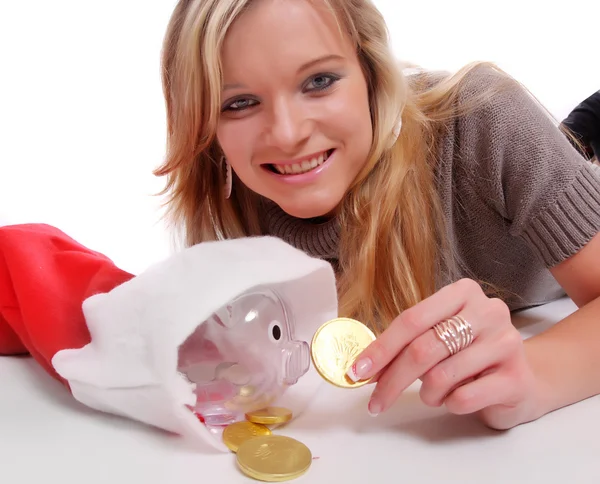 Woman with golden coins. — Stock Photo, Image