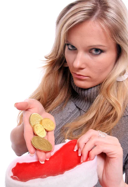 Woman with golden coins. — Stock Photo, Image