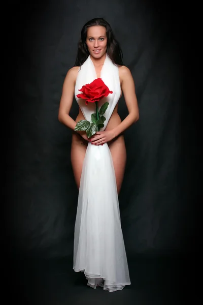 Retrato hermosa chica vestida con velo nupcial con flor . — Foto de Stock