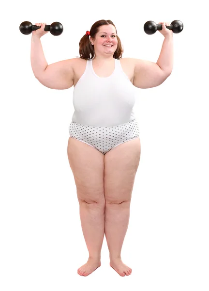 Happy overweight woman exercising on white background. — Stock Photo, Image