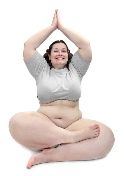 Happy overweight woman exercising on white background. — Stock Photo, Image