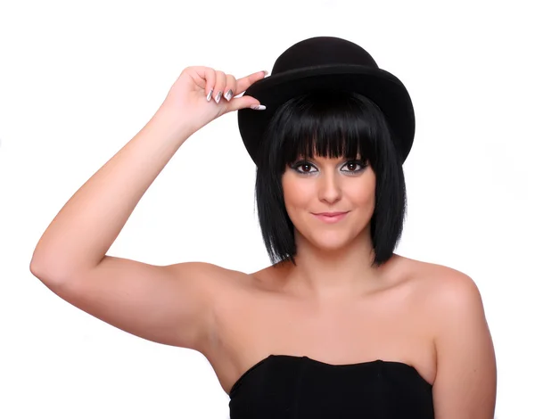 Brunette with bowler hat — Stock Photo, Image