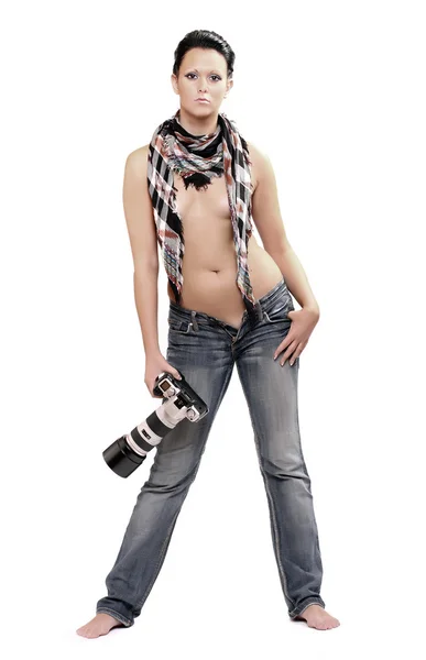 Girl with professional camera — Stockfoto