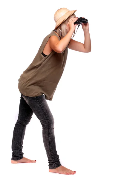 Young woman with digital camera dressed on safari suit. — Stock Photo, Image