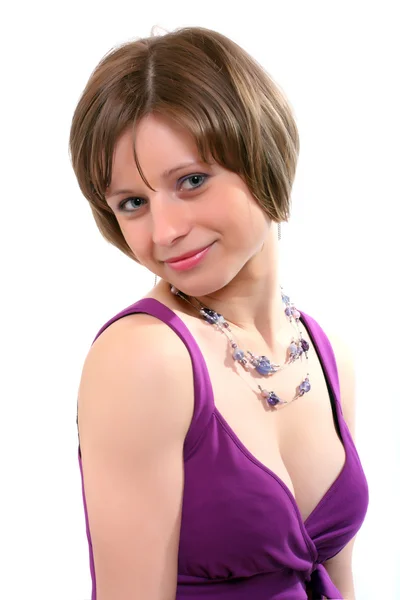 Portrait of beautiful blonde woman with necklace. Studio shot. — Stock Photo, Image