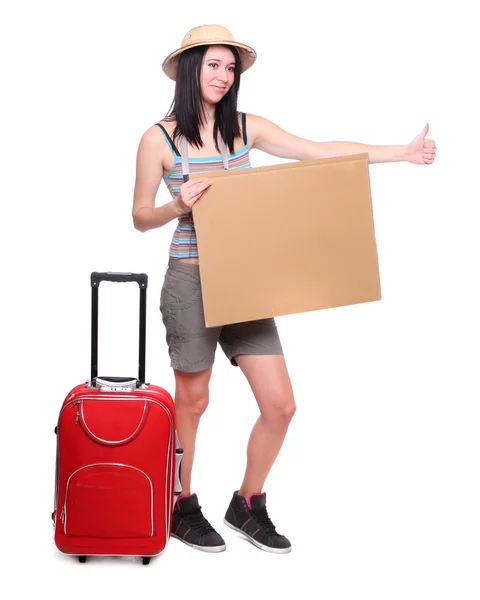 Young woman hitchhiking with blank sign for your text. — Stock Photo, Image