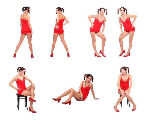 Beautiful girl dressed in sexy red shirt in different position. — Stock Photo, Image