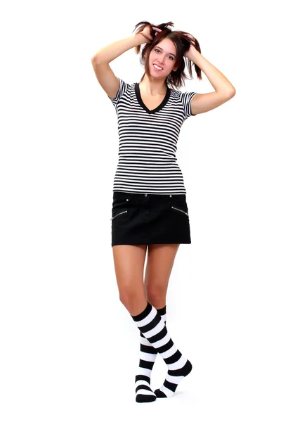 Sexy meisje in grappige sokken. studio opname op lichte achtergrond — Stockfoto