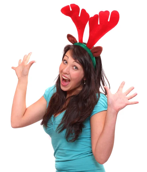 Happy young woman in reindeer costume enjoying christmas party. — Stock Photo, Image