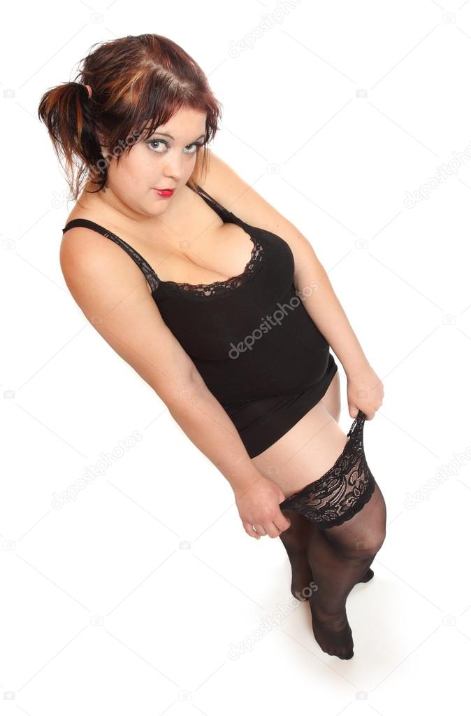 Overweight woman in retro lingerie