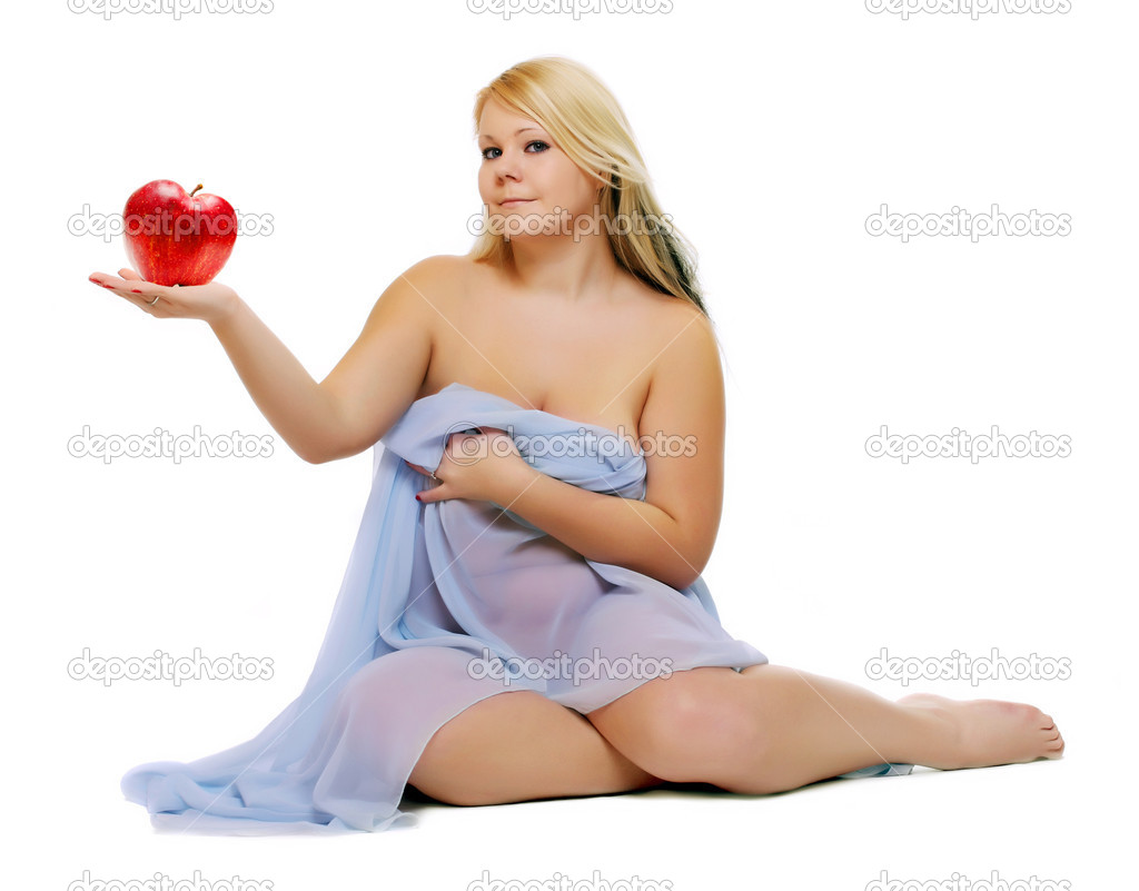 Blonde in blue veil holding apple