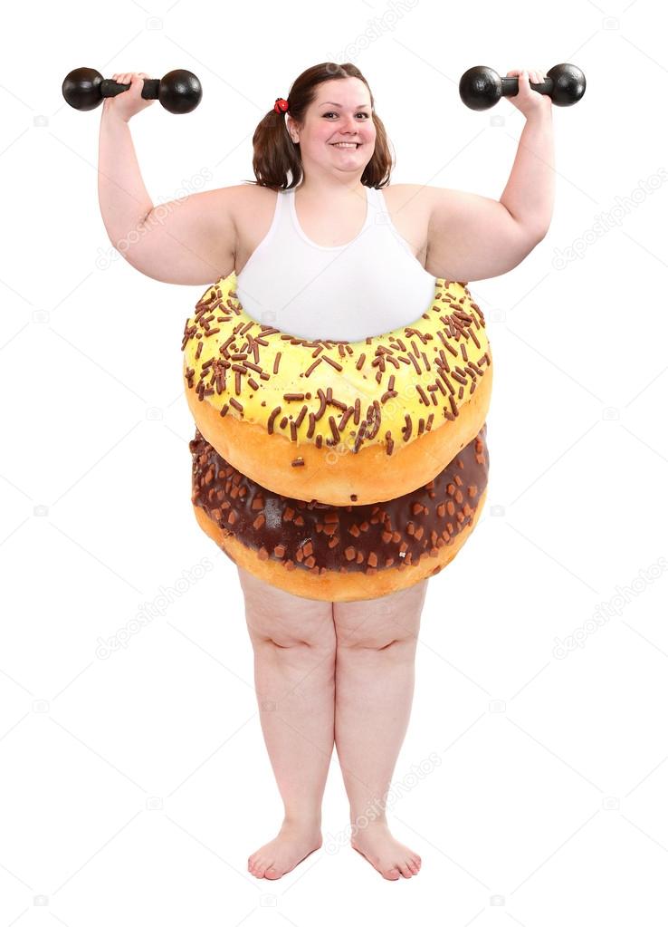 Overweight woman with body from sweet donuts. Nutrition concept.