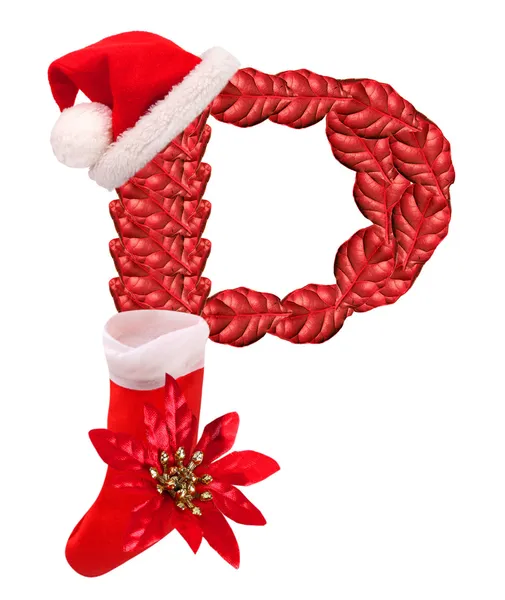 Christmas letter P with Santa Claus cap and stocking. — Stock Photo, Image