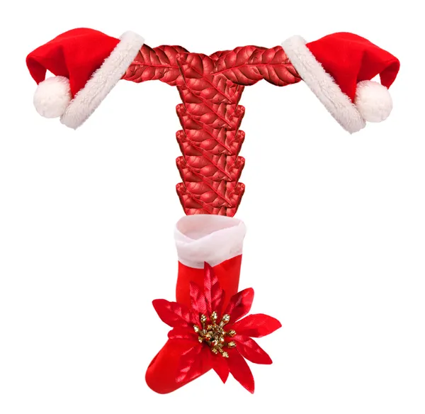 Christmas letter T with Santa Claus cap and stocking. — Stock Photo, Image