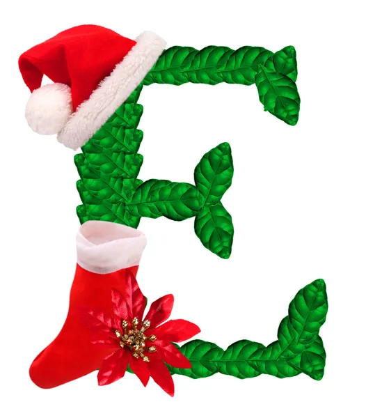 Christmas letter E with Santa Claus cap and stocking. — Stock Photo, Image