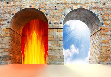 Two gates to heaven and hell. Choice concept. clipart