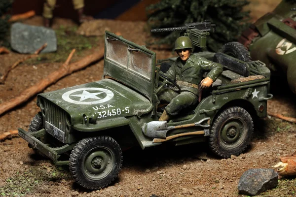 WWII scene Us soldier with car — Stock Photo, Image