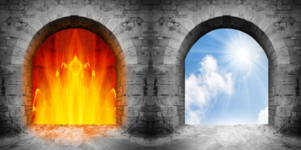 Dois portões para o céu e o inferno. Conceito de escolha . — Fotografia de Stock
