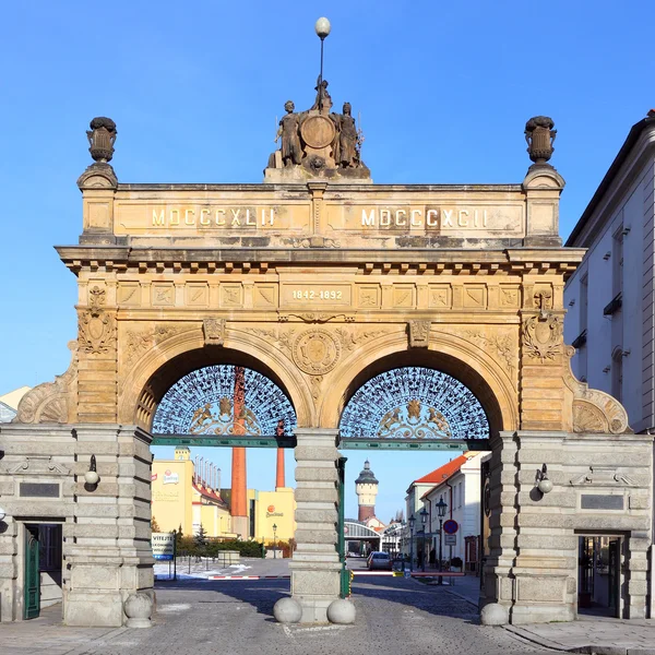 Gate to famous Czech Prazdroj Brewery — Stock Photo, Image