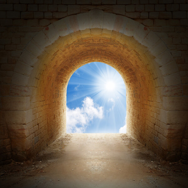 Way to new life. Light on end of tunnel. Positive thinking concept.