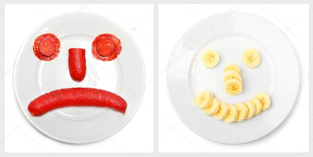 Collage of two emoticons from food on a plate.