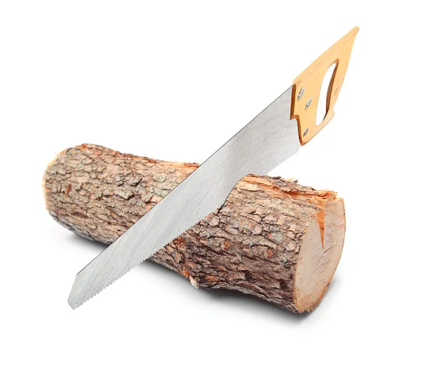 Cut log fire wood and saw — Stock Photo, Image