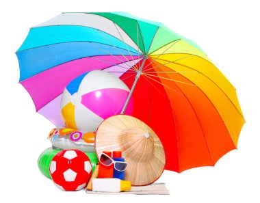 UV protection equipment, sun lotion and floating water toys clipart