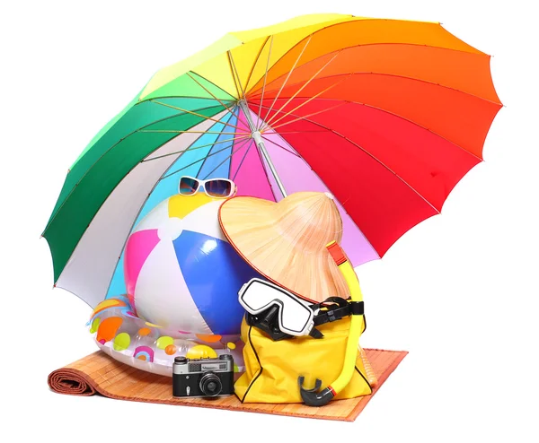 UV protection equipment, sun lotion and floating water toys — Stock Photo, Image