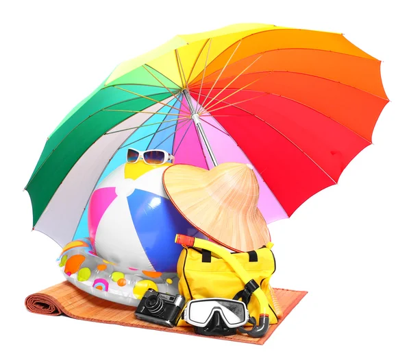 UV protection equipment, sun lotion and floating water toys — Stock Photo, Image