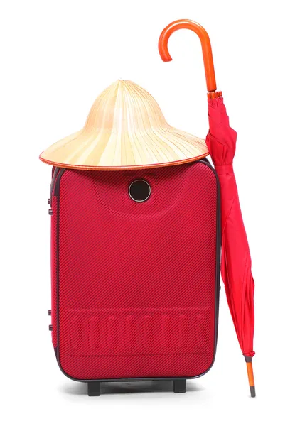 여행 가방, 열 대 모자 및 우산 — 스톡 사진