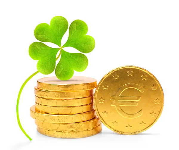 Golden euro coins with four leaf clover — Stock Photo, Image