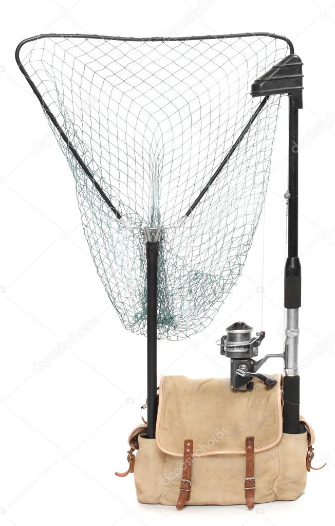 Fishing rod with reel and landing net with a back-pack.