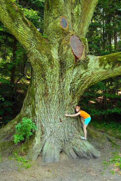 Κορίτσι αγκαλιά δέντρο — Φωτογραφία Αρχείου