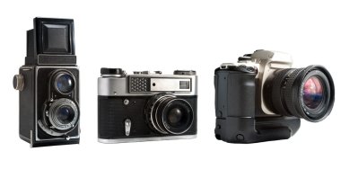 Modern dslr fotoğraf makinesi ve vintage orta format iki objektifli kamera.