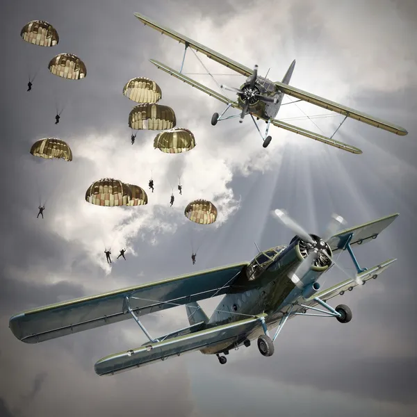Biplanes with airborne infantry. — Stock Photo, Image