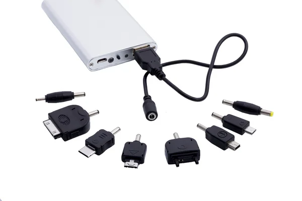 Chargeur de batterie portable & Connecteur adaptateur.Isolé sur blanc Images De Stock Libres De Droits