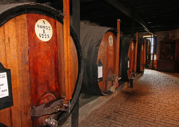 Barricas de vino de madera sostienen Fotos de stock libres de derechos