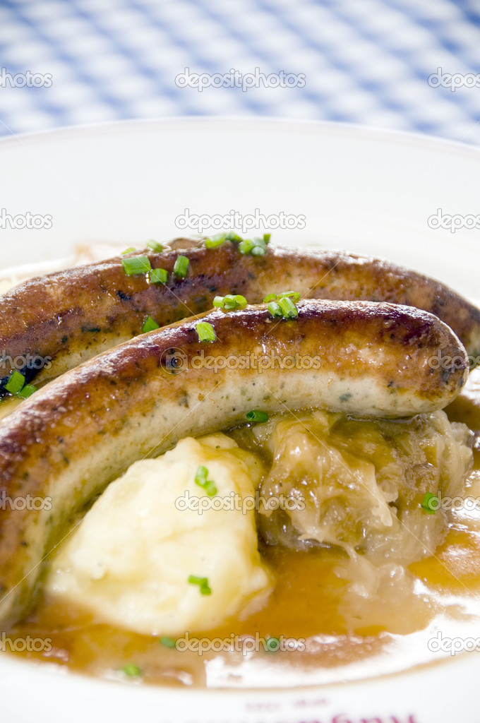 Grobe sausage bratwurst with mashed potatos sauerkraut
