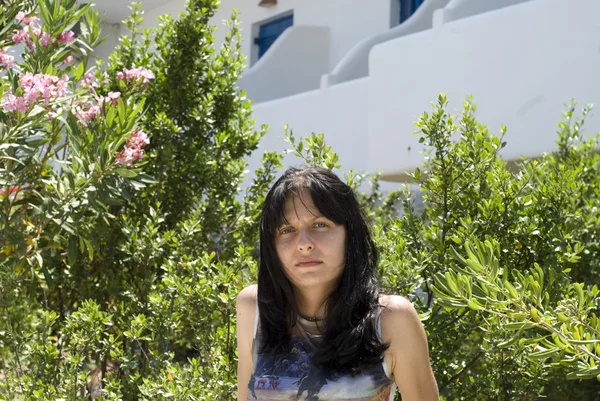 Bella donna greca isola motel architettura — Foto Stock