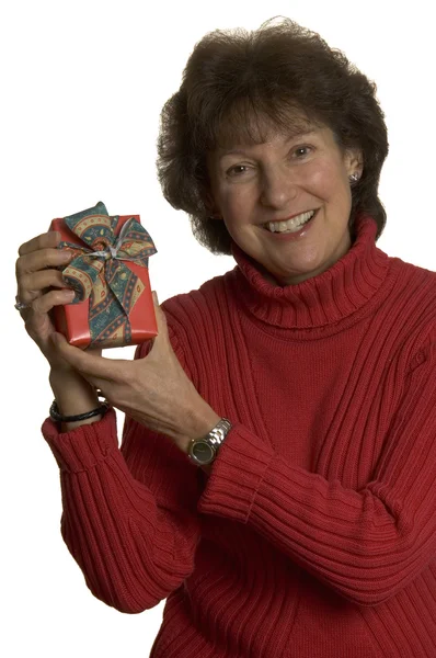 Happy woman with gifts stack — Stock Photo, Image