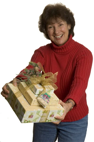 Mulher feliz com pilha de presentes — Fotografia de Stock