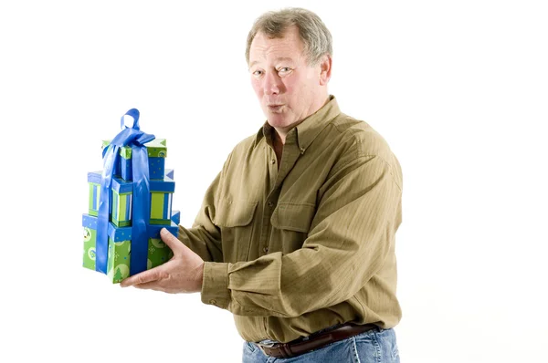 Homem com presentes presentes — Fotografia de Stock