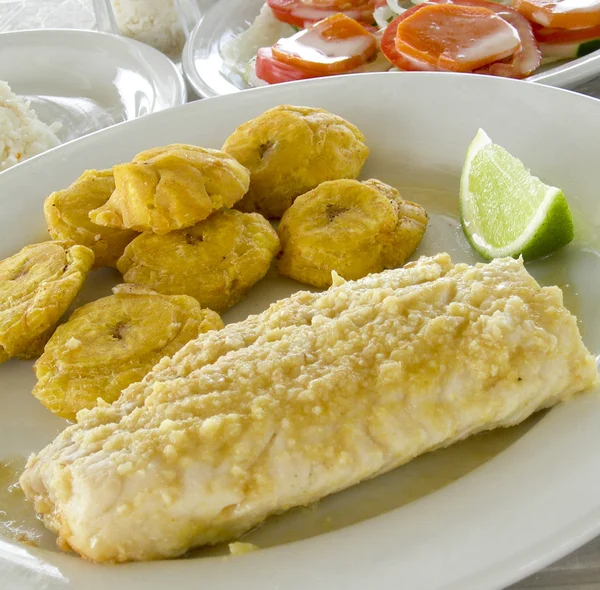 Ikan segar fillet dengan tostones Corn Island Nikarauga — Stok Foto