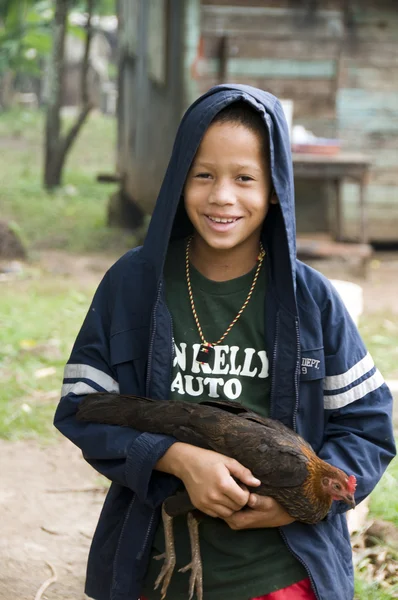 Editorial happy boy with pet hen chicken corn island nicaragua — Stock Photo, Image