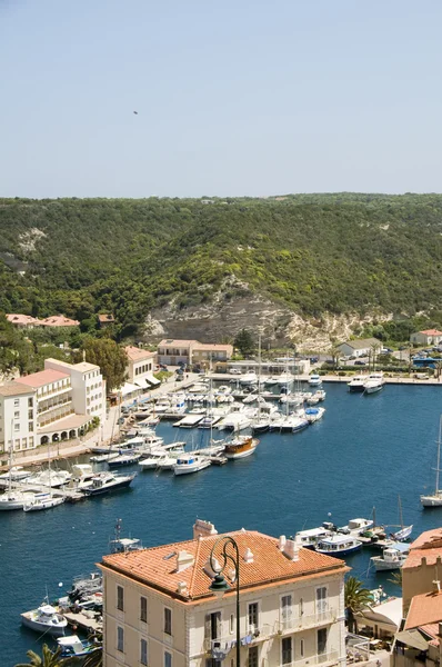 Panorama Bonifacio Corsica harbor port with yachts historic lowe — Stock Photo, Image